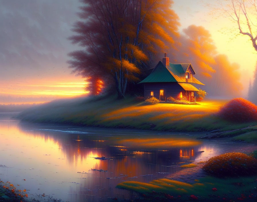 Tranquil lakeside cottage at sunset with warm lights, autumn trees, and water reflection