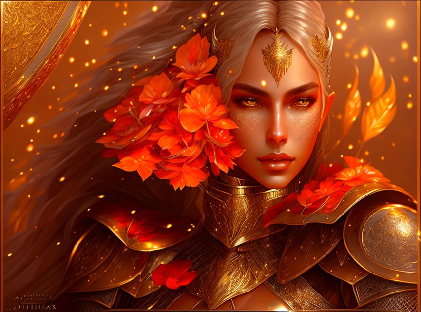 Fantasy character with pale skin in golden armor and fiery flowers on glowing background