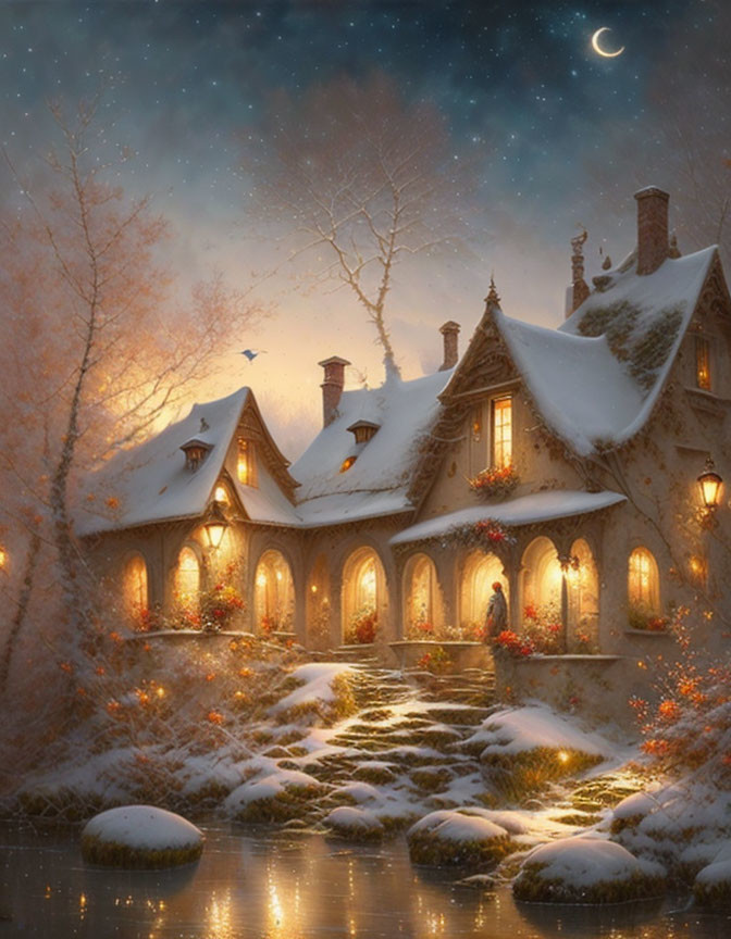 Snow-covered cozy cottage under crescent moon and stars with festive lights and snowy trees.