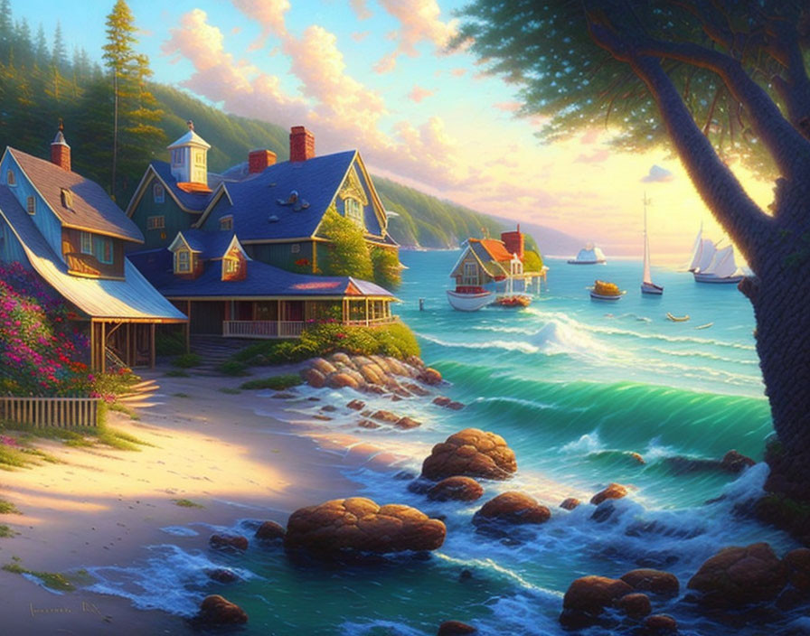 Charming coastal village with houses, flowers, boats, and sunlight