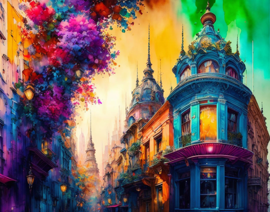 Colorful European-style corner building with ornate architecture and blossoming trees under vivid sky.