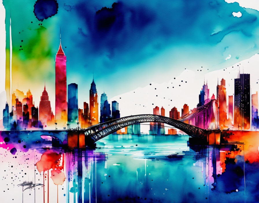 Vibrant watercolor city skyline with bridge and skyscrapers reflected in water