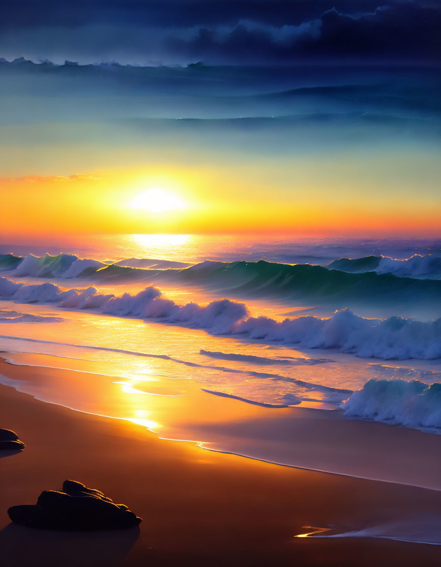 Vibrant sunset beach scene with golden light and crashing waves