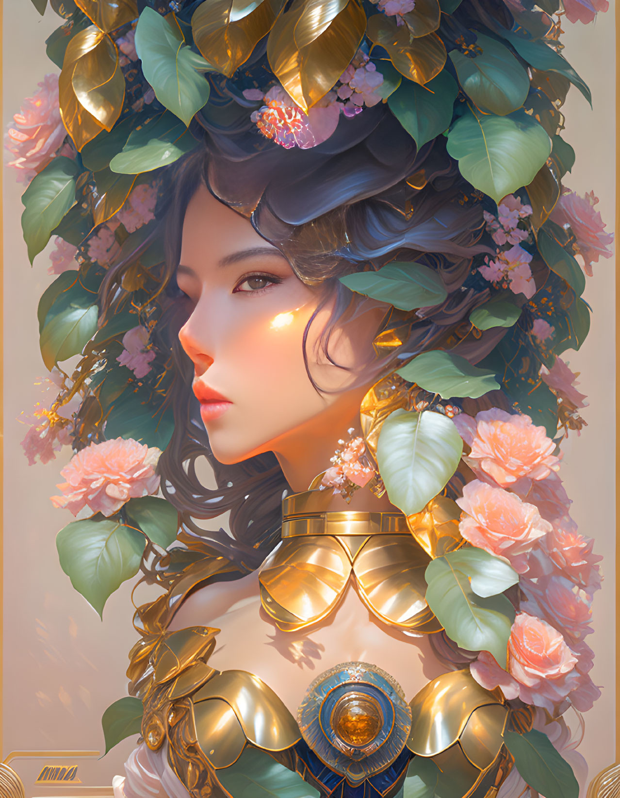 Ethereal woman with floral headdress and golden armor