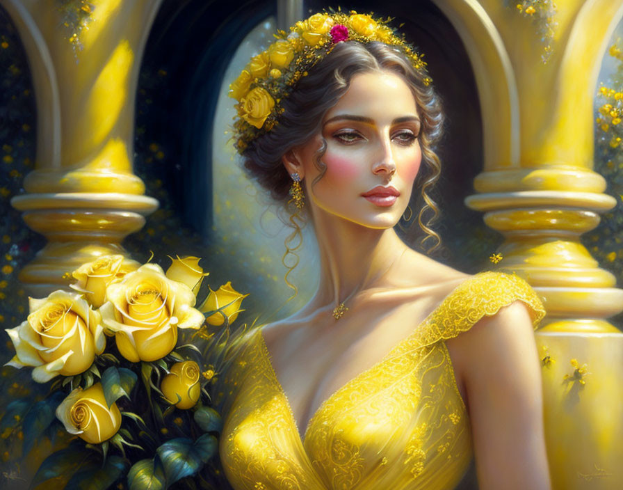 Woman with floral headpiece and yellow dress among roses and golden architecture