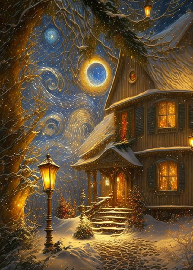 Cozy illuminated two-story house in snowy night scene