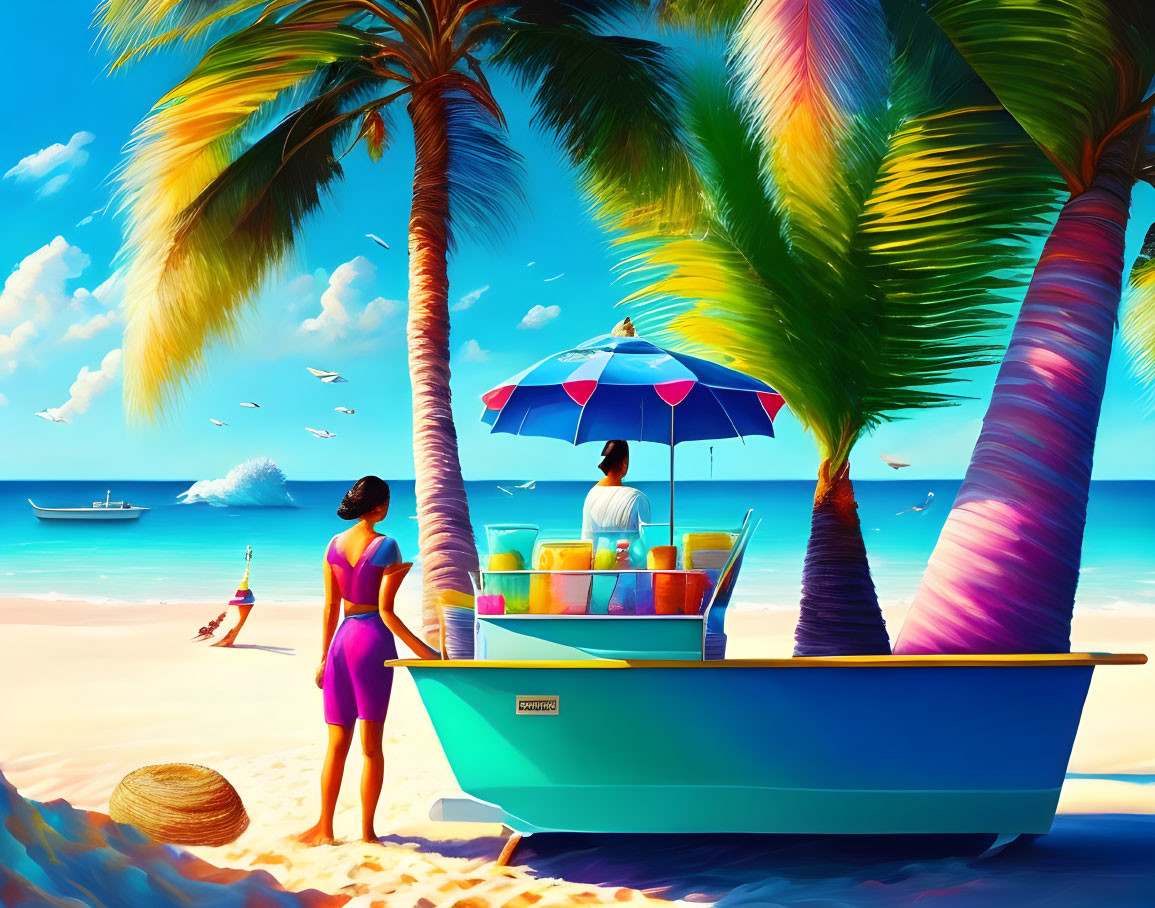 Woman at Colorful Beach Beverage Cart Under Palm Trees