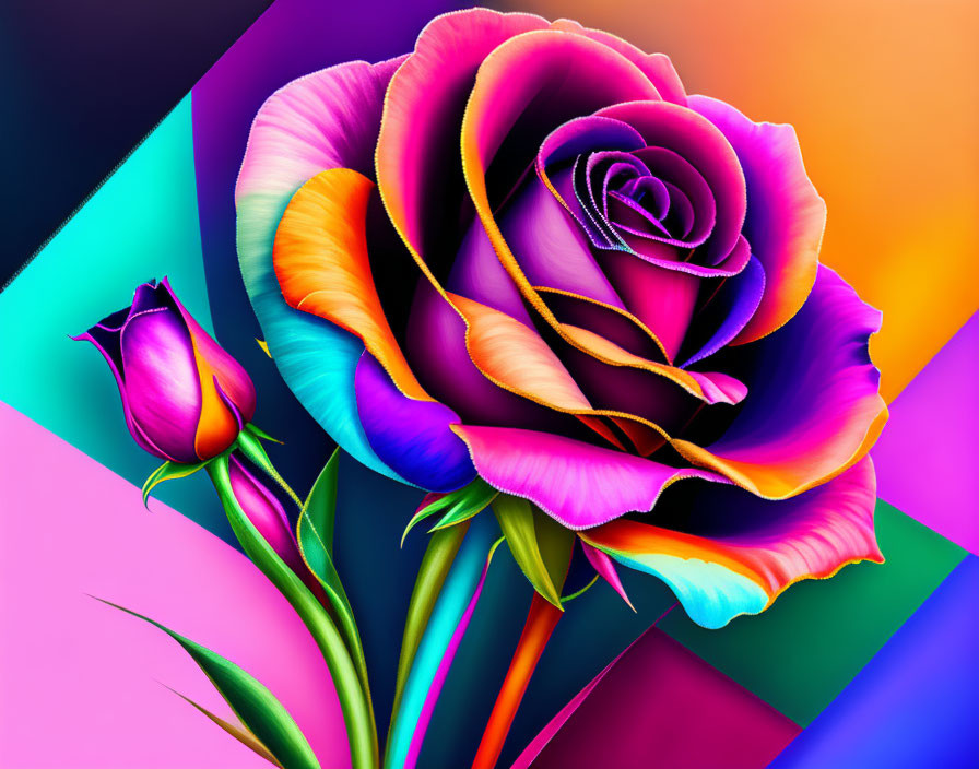 Colorful Digital Artwork: Multicolored Rose on Geometric Background