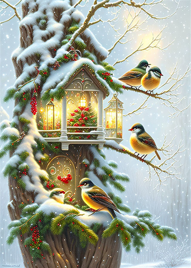 Winter scene with small birds on snow-covered branches near a glowing birdhouse