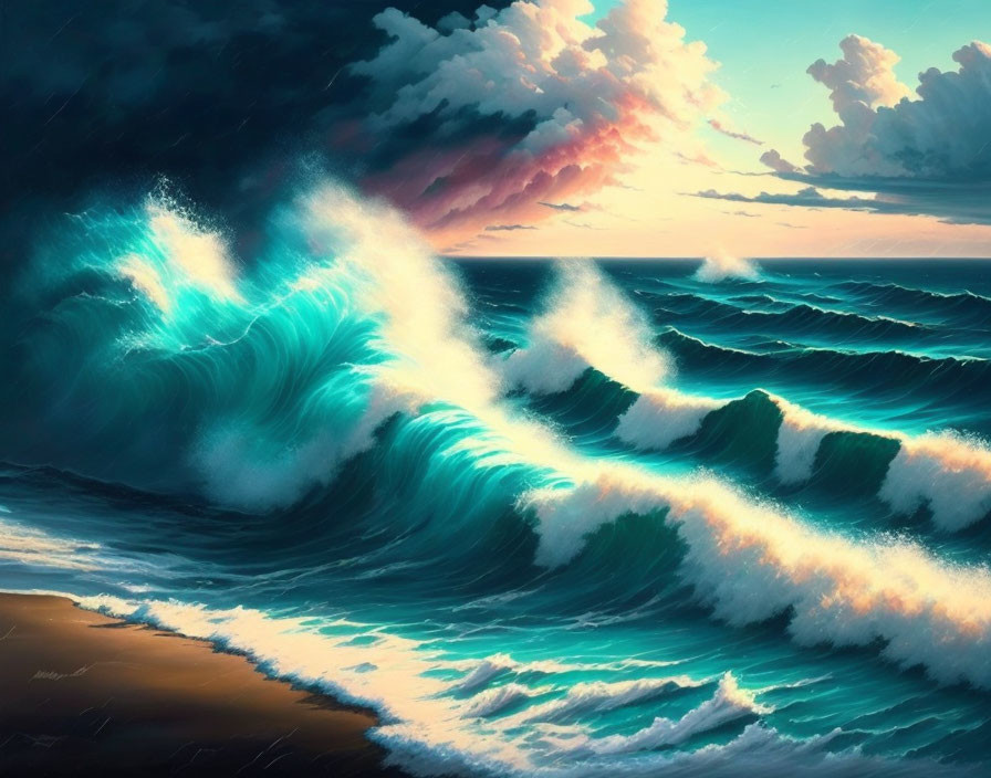 Colorful digital painting of tumultuous ocean waves under dramatic sky