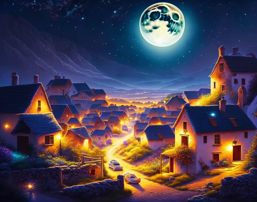 Enchanting night scene of a glowing village under starlit skies