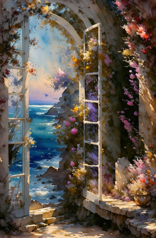 Colorful flowers frame open arched doorway to serene twilight seascape