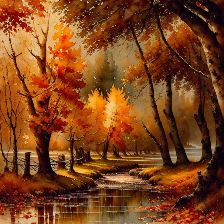 Vivid Autumn Trees Reflecting in Tranquil Stream