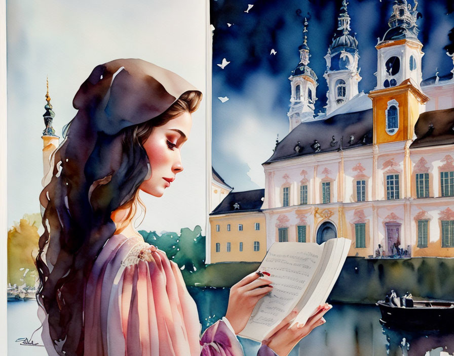 Woman reading book in watercolor with historical buildings and doves.