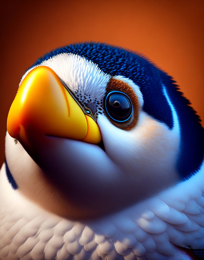 Detailed animated penguin with expressive face on warm orange backdrop