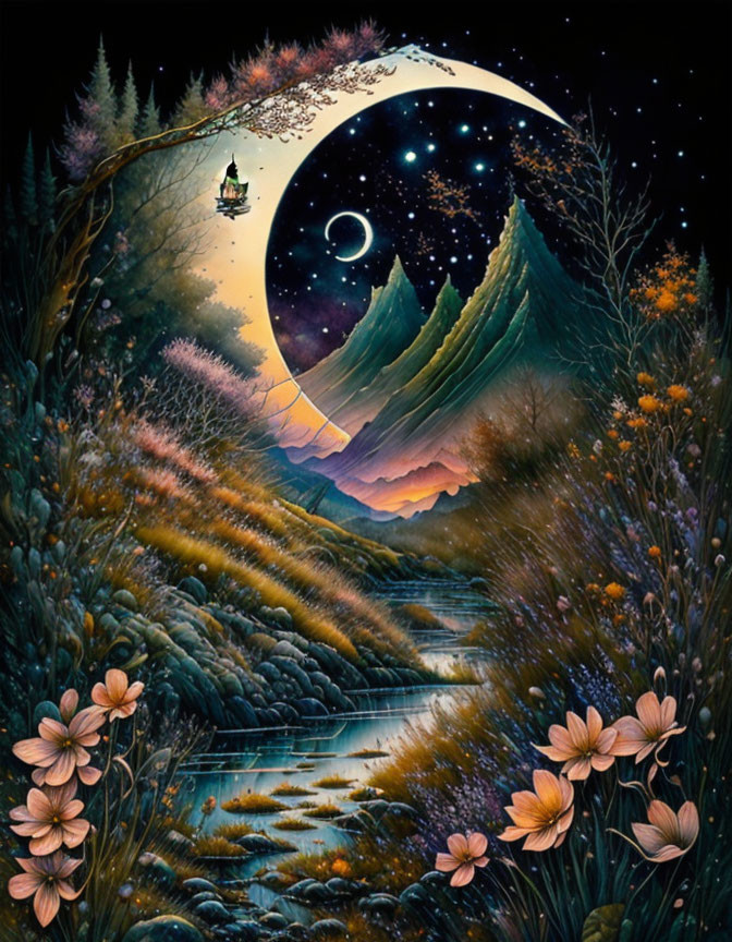 Vibrant flora, crescent moon, stream, mountains, and lantern in whimsical landscape