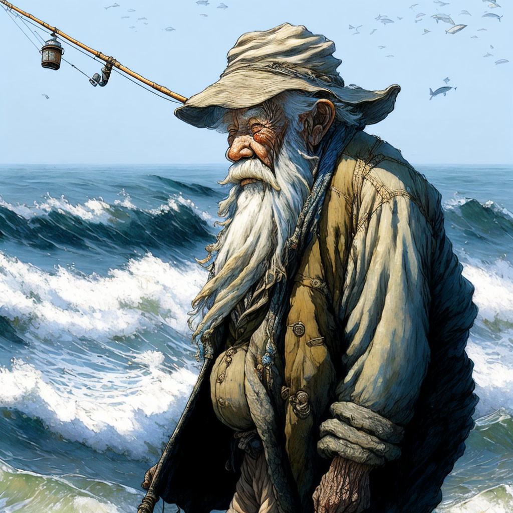 Elderly bearded fisherman by the sea with fishing rod and seagulls