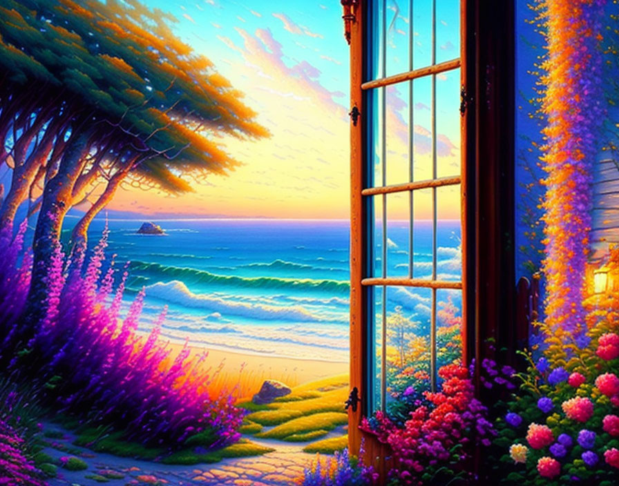 Seaside Sunset View with Flowers and Foliage