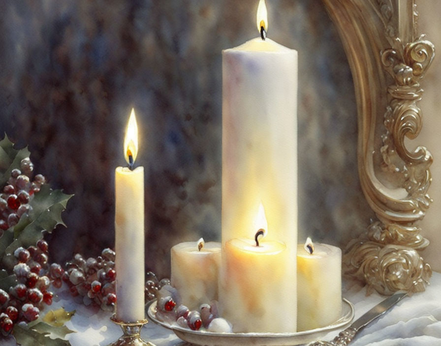 Four lit candles on tray with holly berries and mirror in background