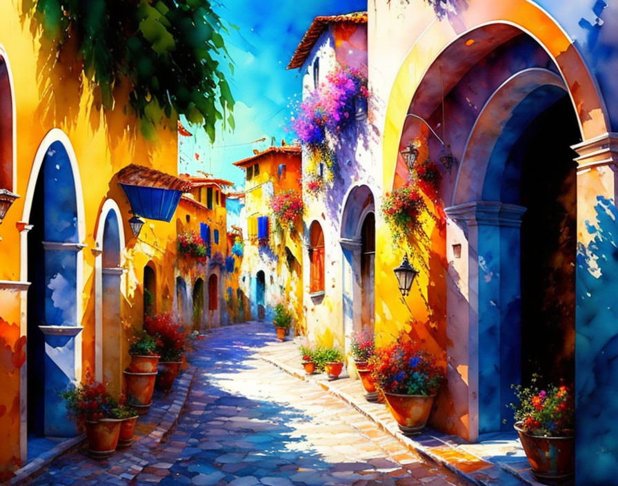 Vibrant Sunlit Alley with Arches and Blooming Flowers