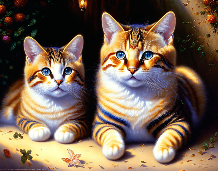 Two photorealistic painted cats with striking blue eyes in colorful garden scene.