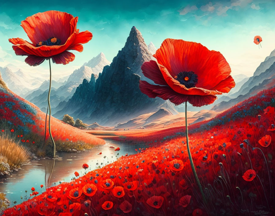 Colorful poppy field landscape with red flowers, mountains, and balloons under blue sky