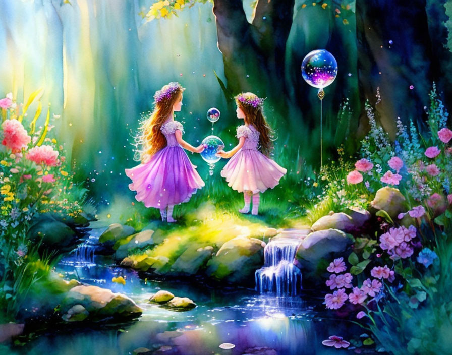 Two girls in pink dresses blowing bubbles in colorful forest with waterfall