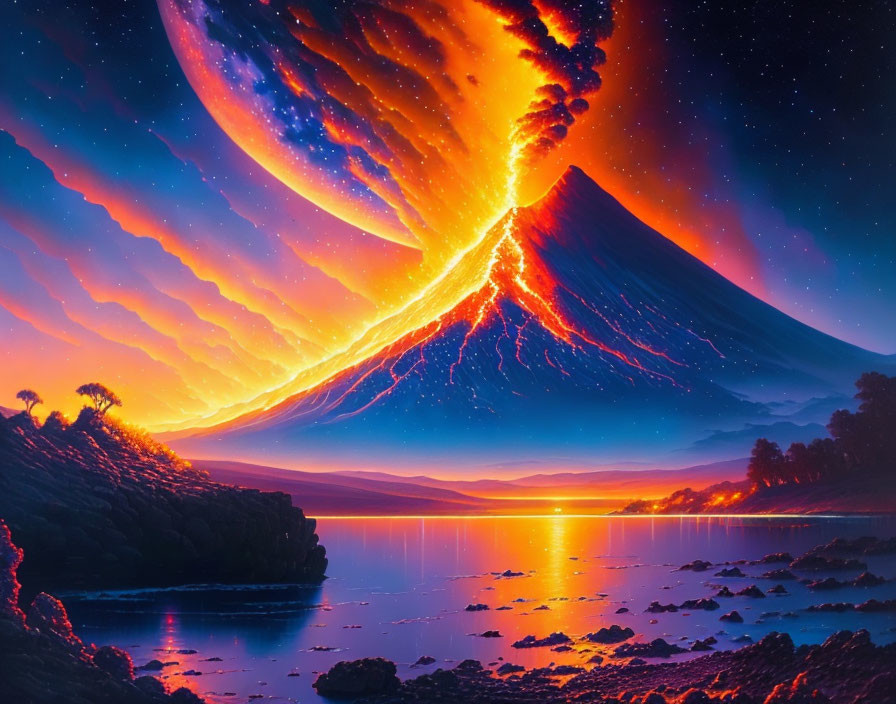 Digital artwork: Volcanic eruption with cosmic swirl over serene lake at sunset