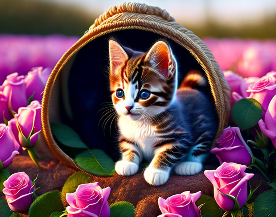 Kitten in Woven Basket Surrounded by Pink Roses