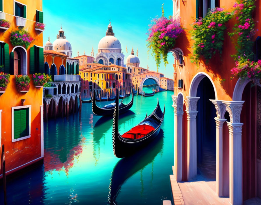 Colorful Venice painting: gondolas, turquoise canals, Santa Maria della Salute