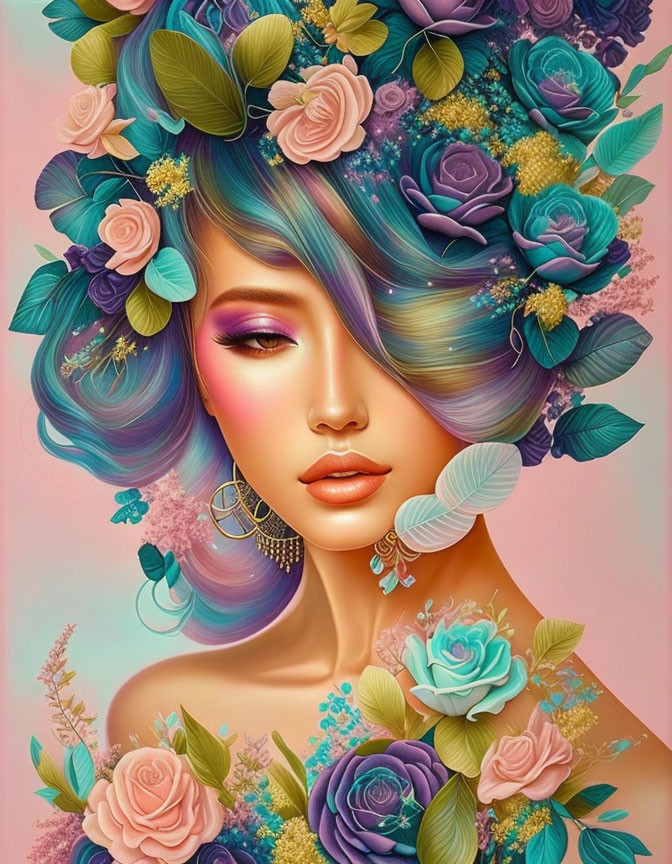 Colorful Woman Illustration with Flowy Hair and Flowers