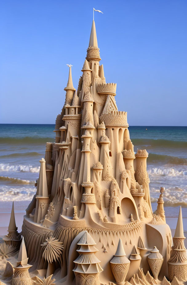 Detailed Sandcastle with Towers and Arches on Beach Sky