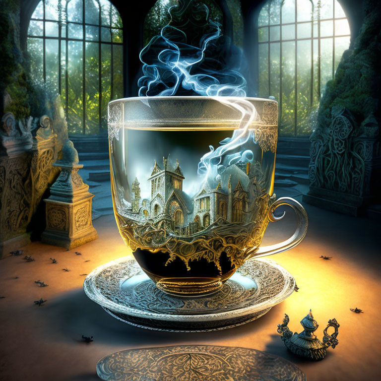 Steaming coffee cup with castle design in ornate room