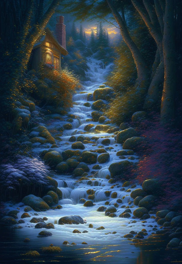 Nighttime forest stream with cabin in tranquil setting