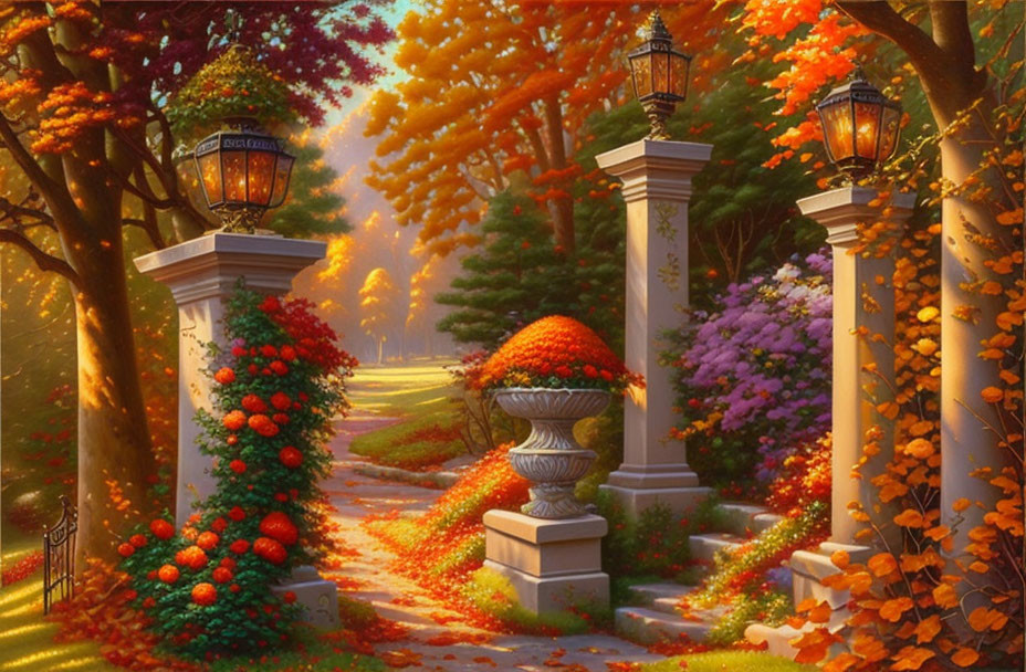 Tranquil garden path with stone pillars, lanterns, vase, autumn foliage