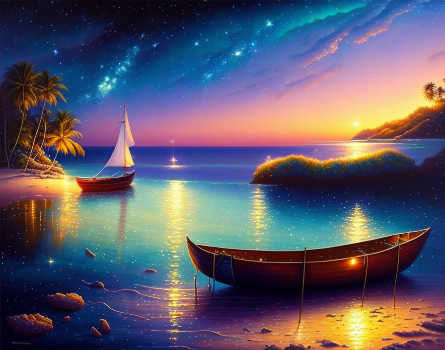 Night Seascape: Starry Sky, Moored Boats, Sandy Shore, Palm Trees at Sunset