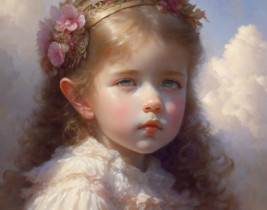 Portrait of young girl with curly hair in flower crown and frilly dress