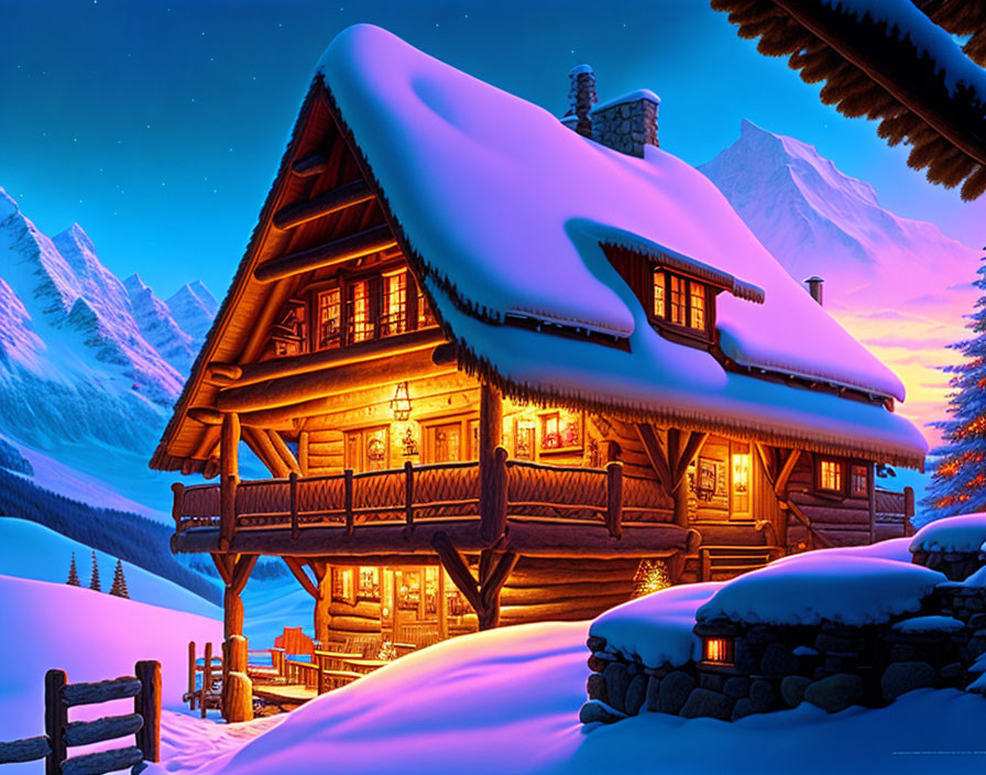 Snow-covered wooden cabin in serene snowy landscape at twilight