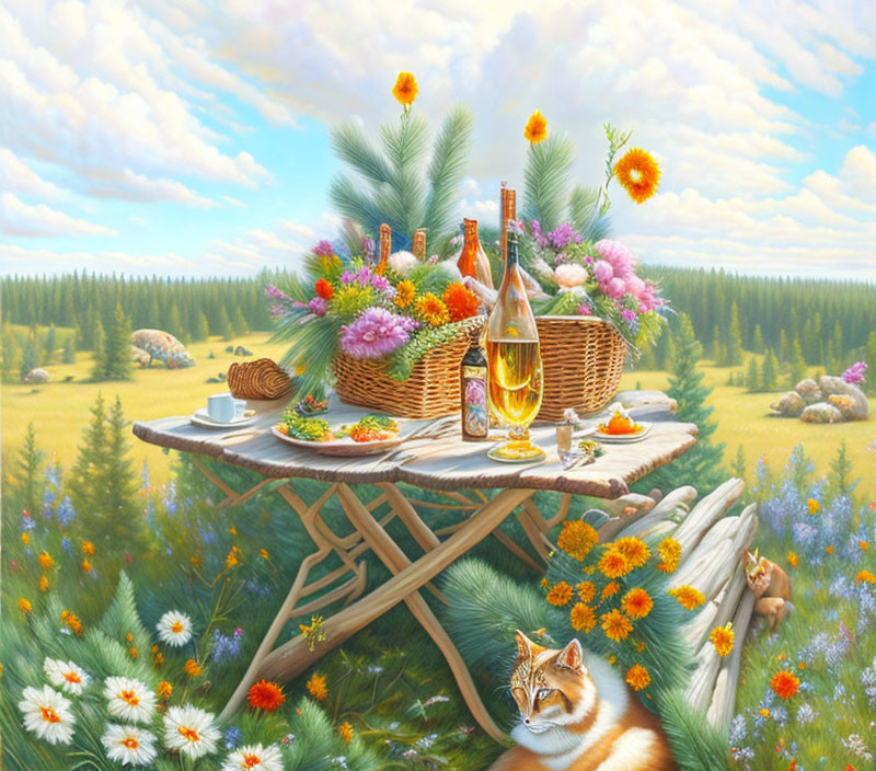 Colorful picnic scene with basket, wine, fruits, flowers, and cat in sunny meadow