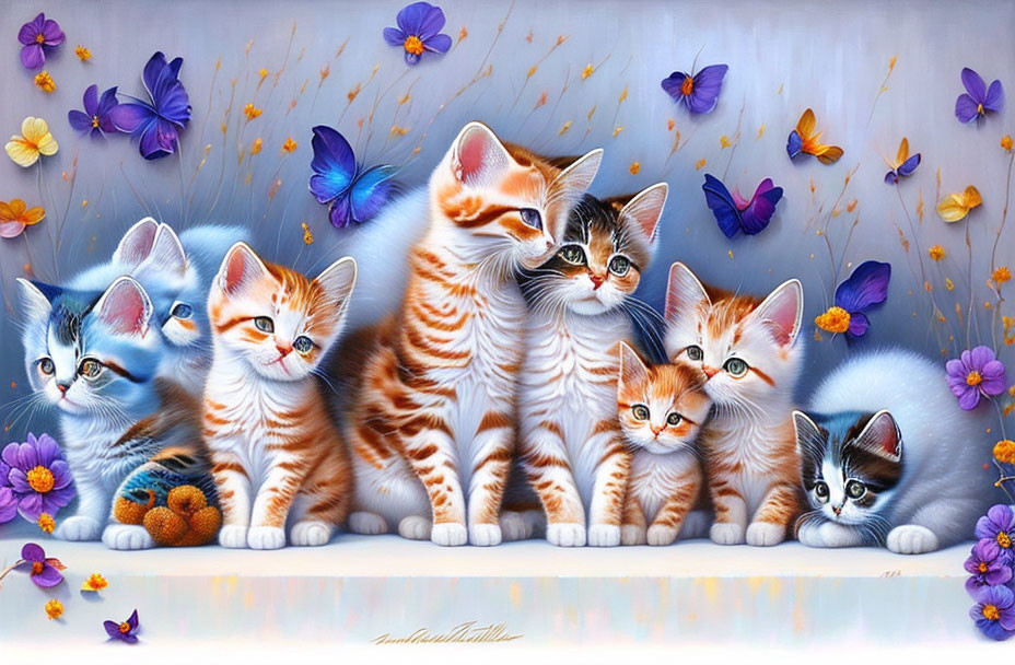 Seven Colorful Kittens with Butterflies and Flowers on Whimsical Background