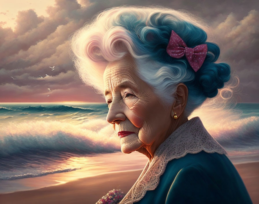 Illustrated elderly woman with blue hair and pink bow gazing at ocean sunset