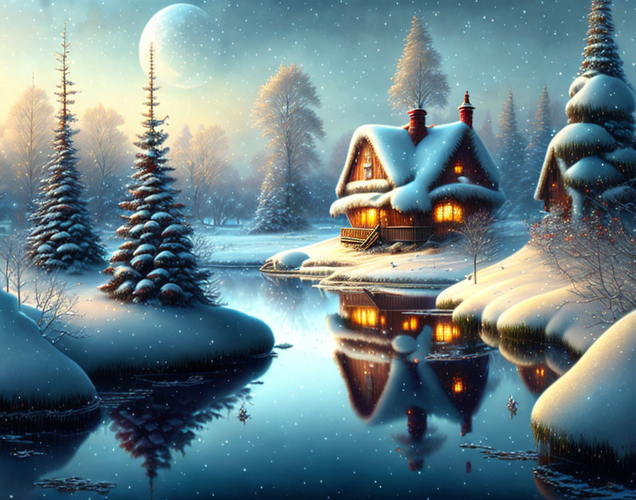 Twilight snow-covered landscape with cozy cottages, pine trees, river, and snowfall