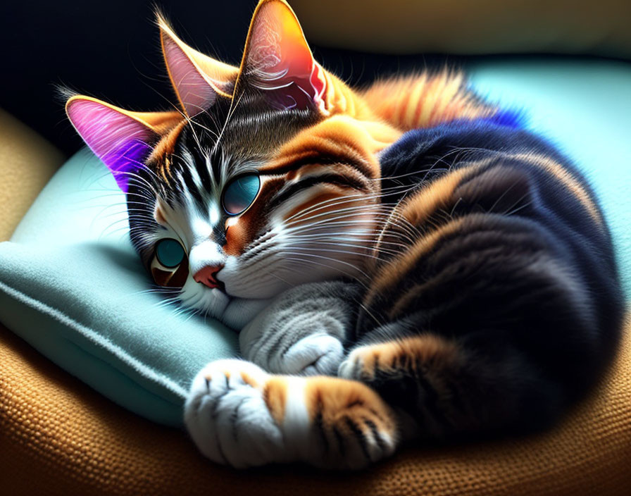 Whimsically edited cat with rainbow ears and glowing blue eyes on blue cushion