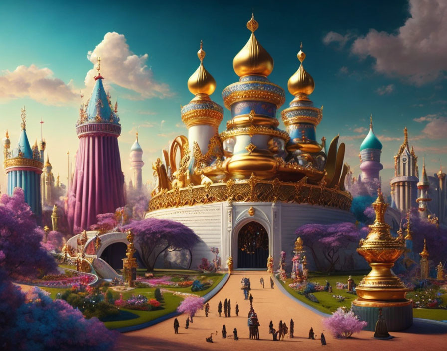 Majestic castle with golden domes and spires, set in vibrant landscape