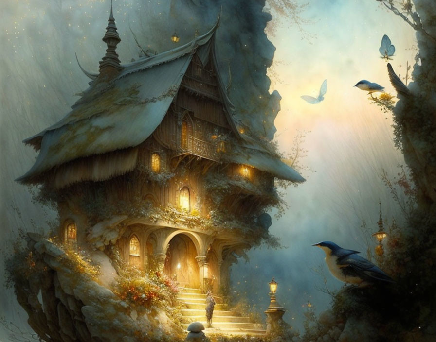 Whimsical cottage on stone pedestal in mist with birds and lanterns