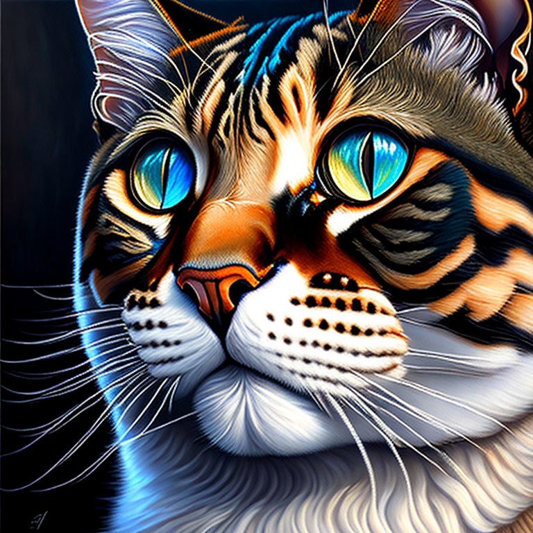 Colorful close-up digital artwork of a cat with bright blue eyes and orange-striped fur on black backdrop