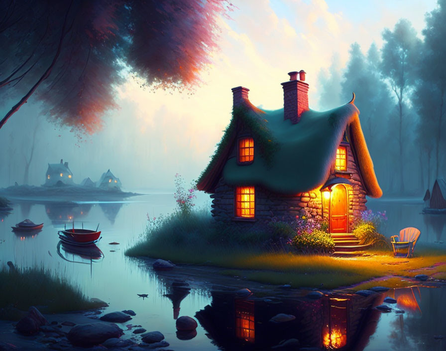 Moss-Covered Cottage by Serene Lake at Twilight