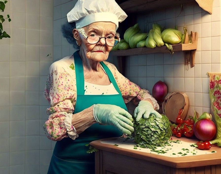 Elderly woman in chef's hat chopping vegetables in kitchen