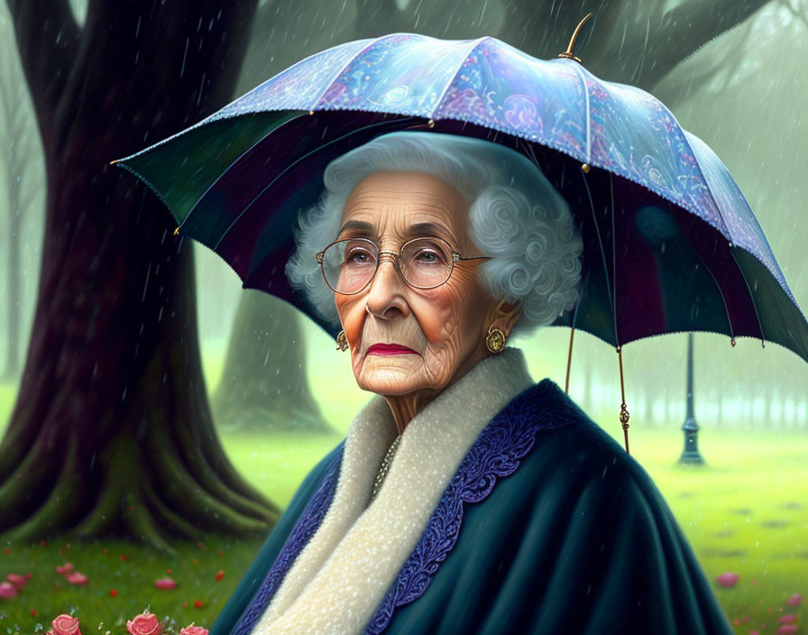 Elderly lady with white hair and glasses in blue coat under umbrella in rainy park