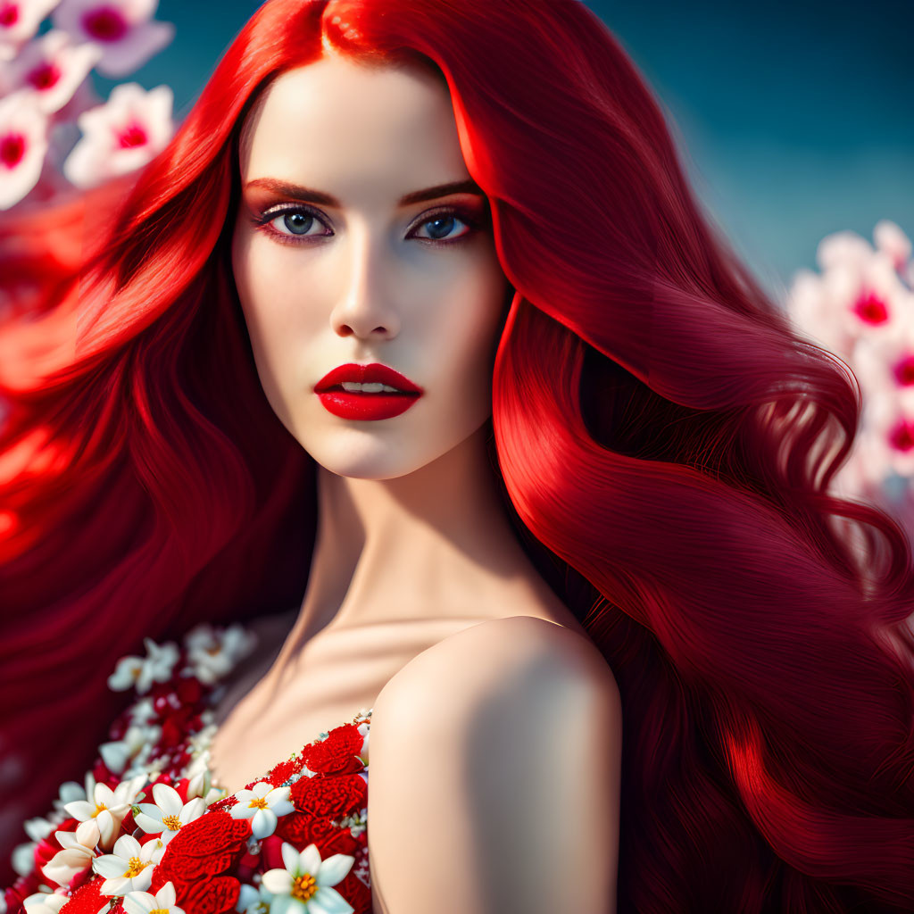 Portrait of a Woman with Red Hair and Lips Among Red and White Flowers